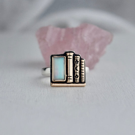 Bookshelf Ring with Ethiopian Opal, 14k Solid Yellow Gold, and Yellow Gold Fill Size 8