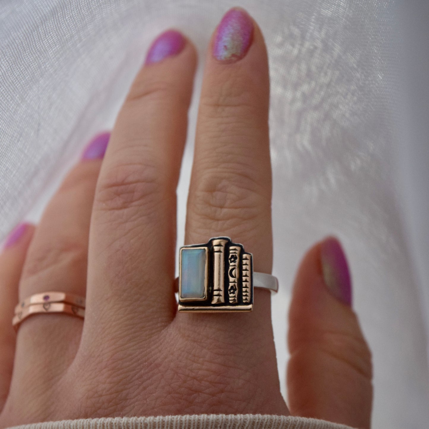 Bookshelf Ring with Ethiopian Opal, 14k Solid Yellow Gold, and Yellow Gold Fill Size 8