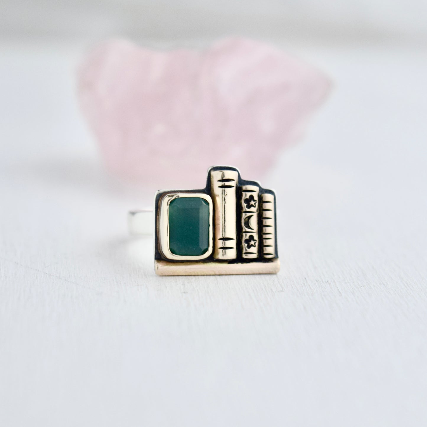 Bookshelf Ring with Chrome Chalcedony, 14k Solid Yellow Gold, and Gold Fill size 6