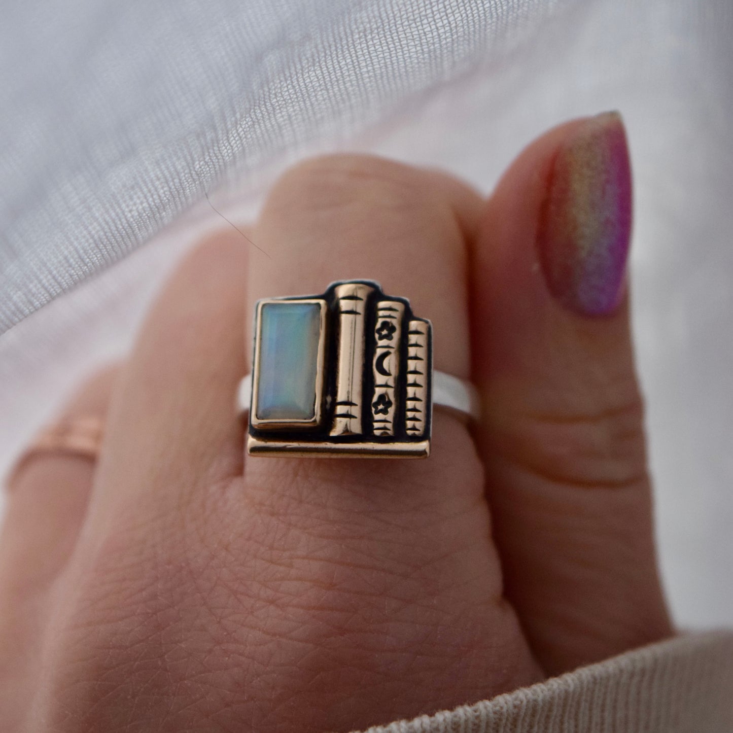 Bookshelf Ring with Ethiopian Opal, 14k Solid Yellow Gold, and Yellow Gold Fill Size 8
