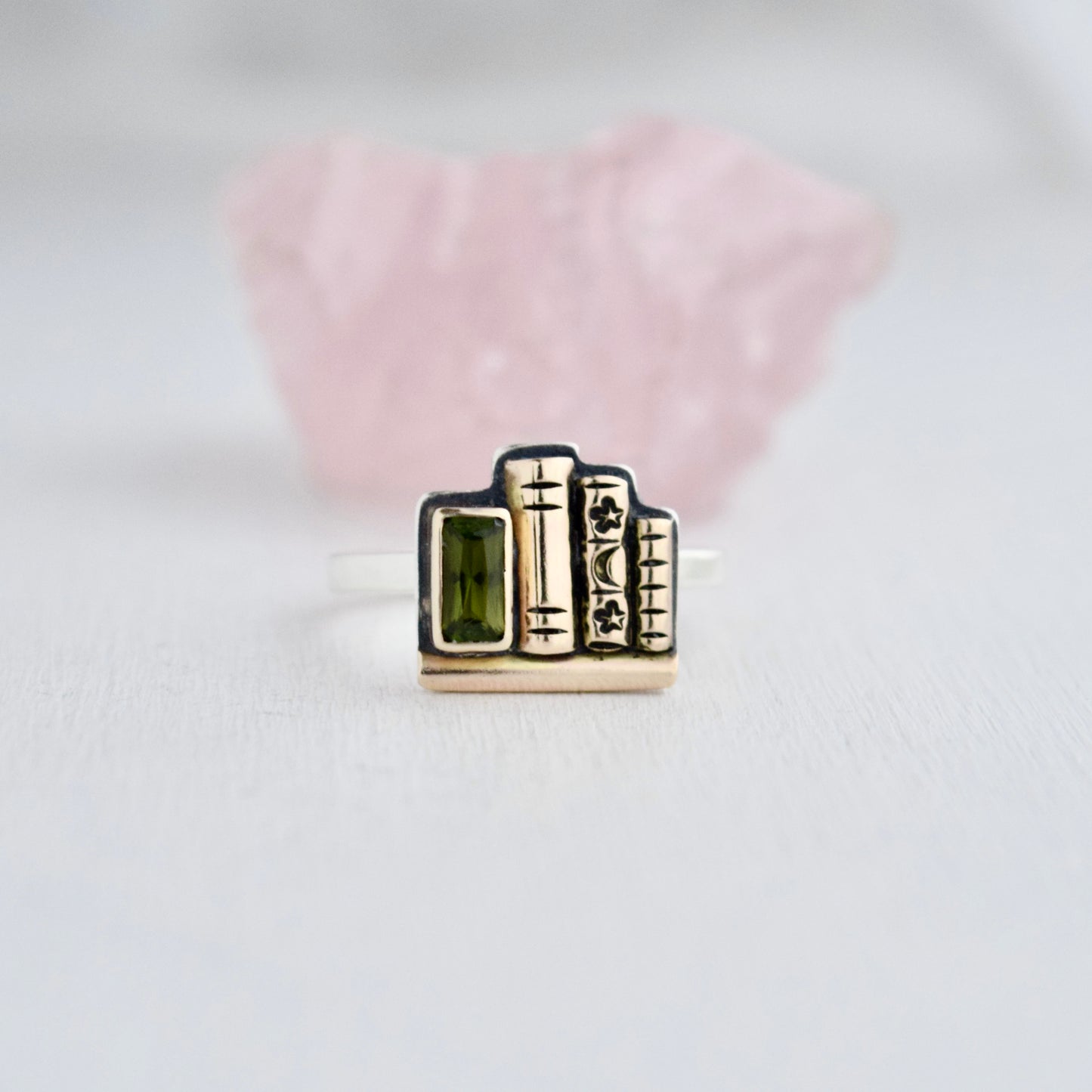 Mini Bookshelf Ring with Dravite Tourmaline, 14k Solid Yellow Gold, and Gold Fill size 6.5