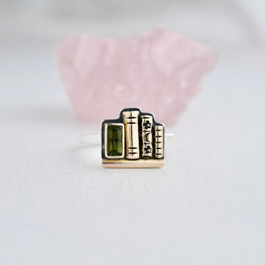 Mini Bookshelf Ring with Dravite Tourmaline, 14k Solid Yellow Gold, and Gold Fill size 6.5