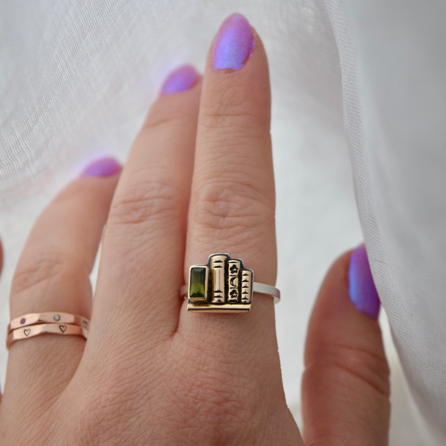 Mini Bookshelf Ring with Dravite Tourmaline, 14k Solid Yellow Gold, and Gold Fill size 6.5