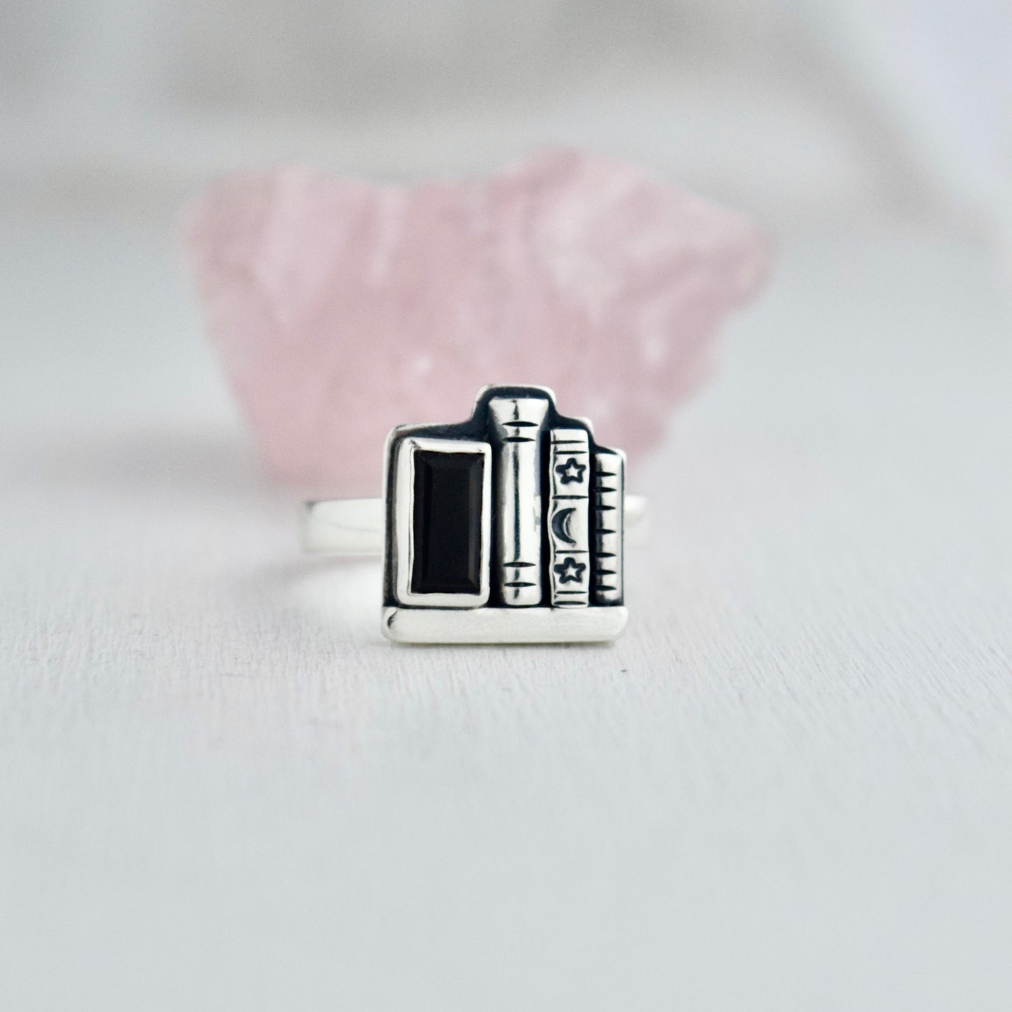 Bookshelf Ring with Faceted Black Onyx Size 7