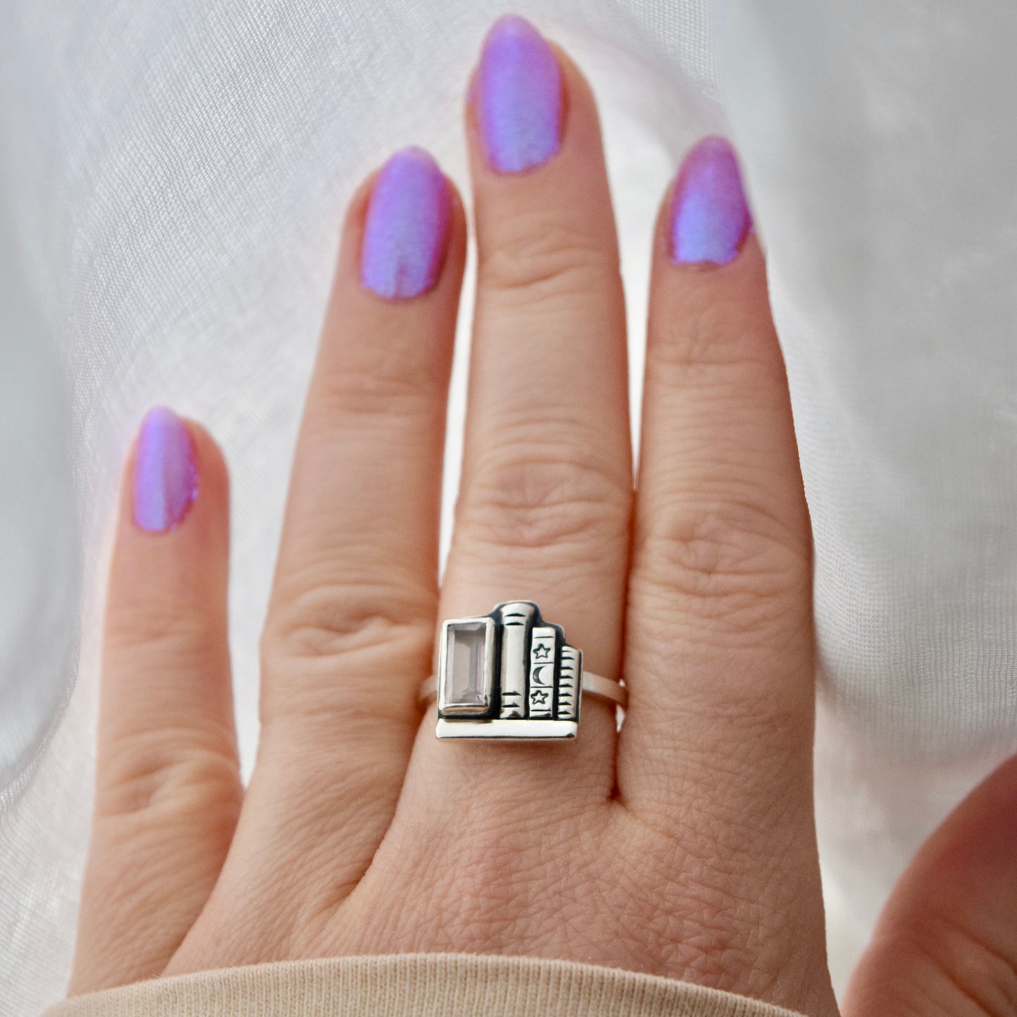 Mini Bookshelf Ring with Rose Quartz Size 6.75/7