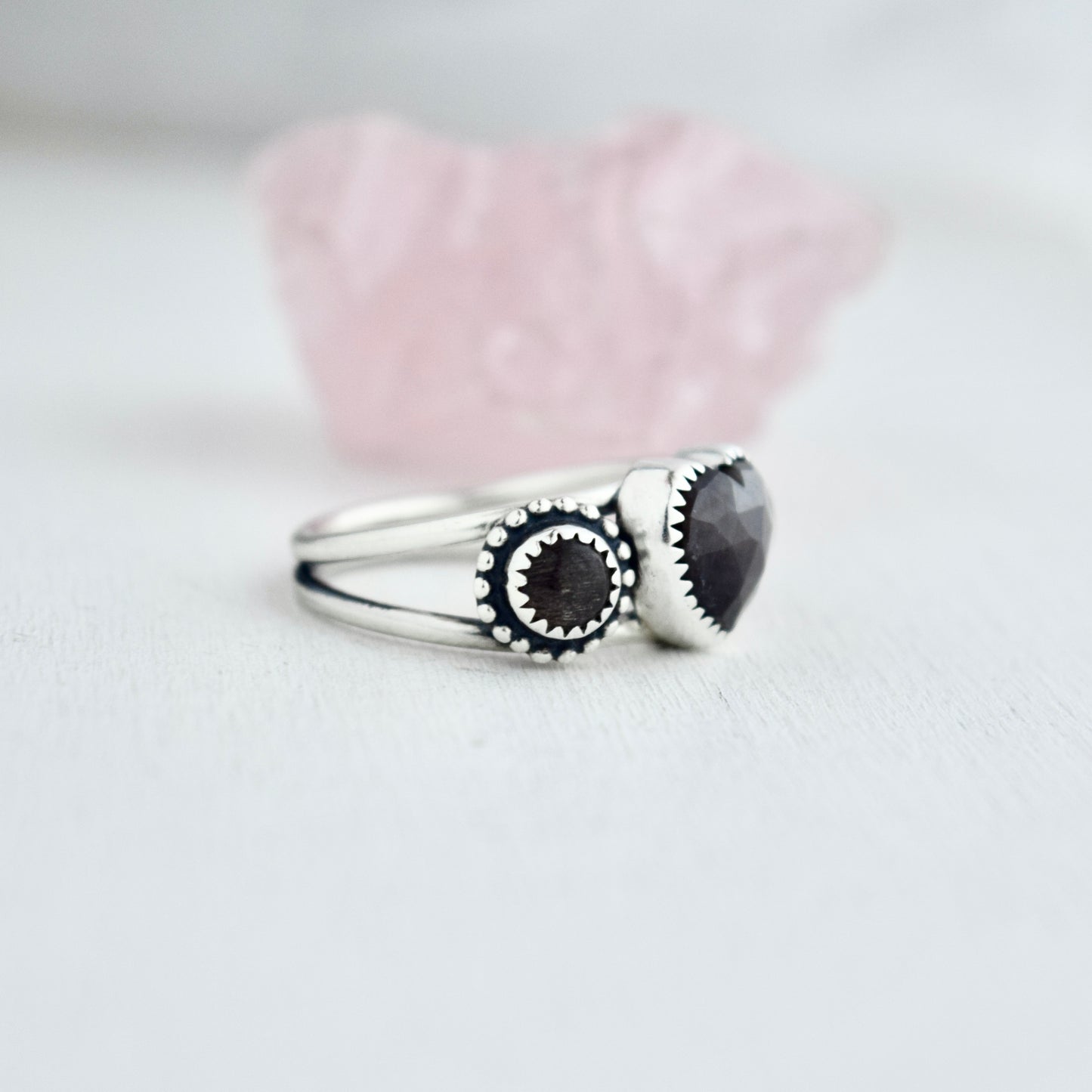 Heart Ring with Grey Sapphire and Black Moonstone Size 8