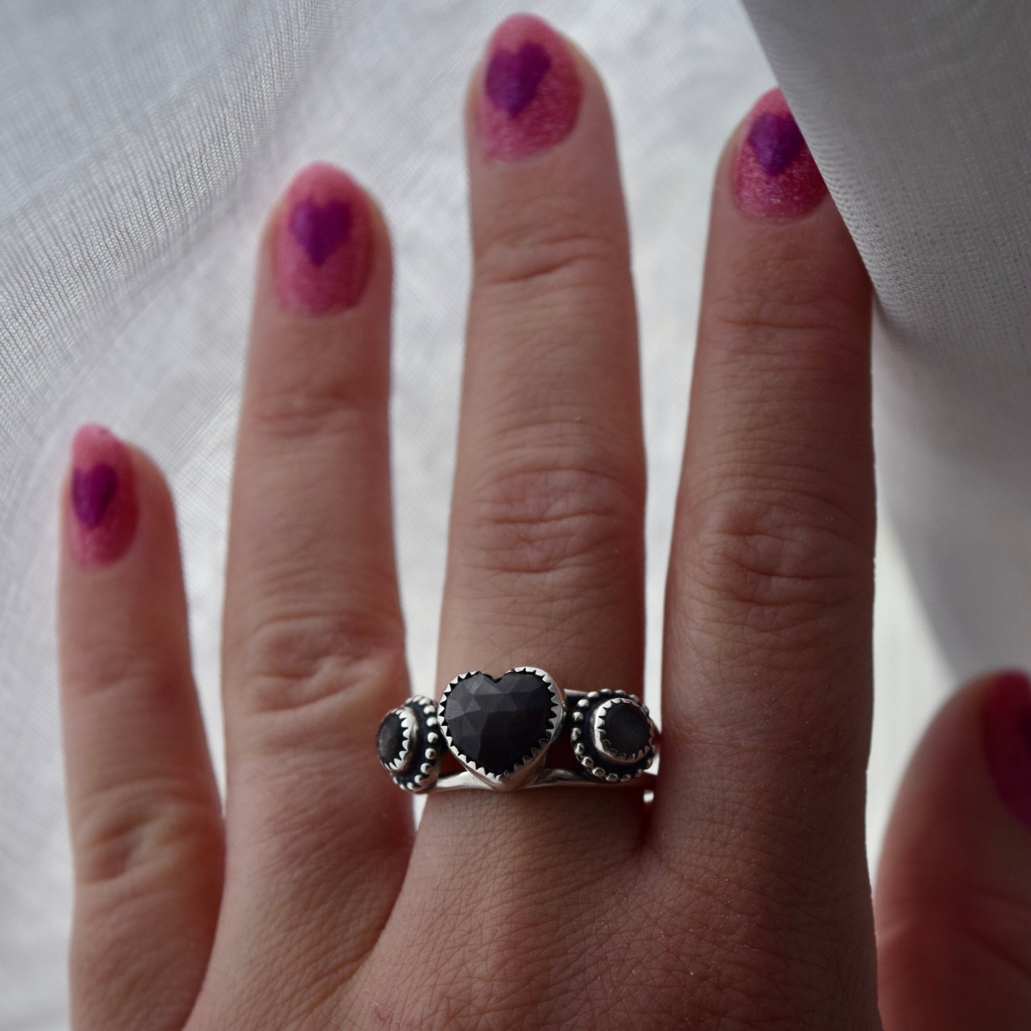 Heart Ring with Grey Sapphire and Black Moonstone Size 8