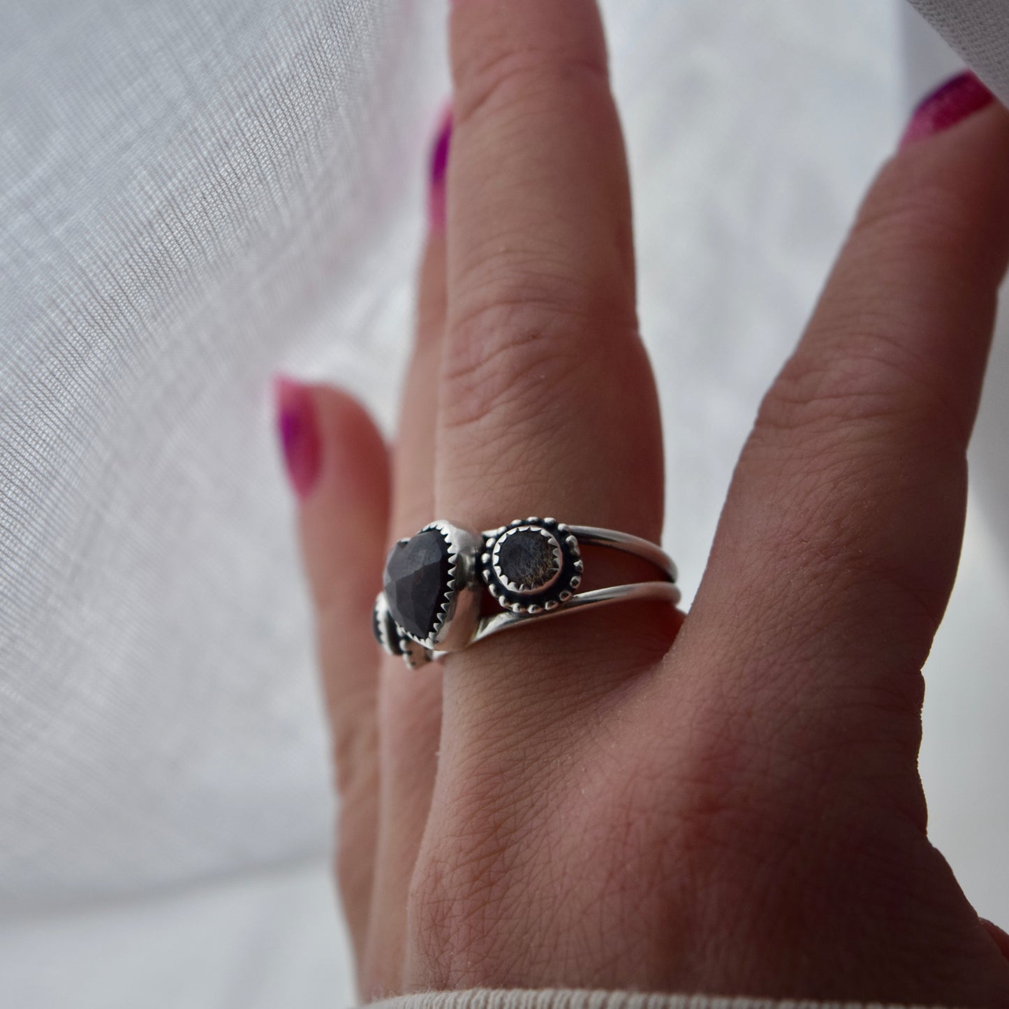 Heart Ring with Grey Sapphire and Black Moonstone Size 8