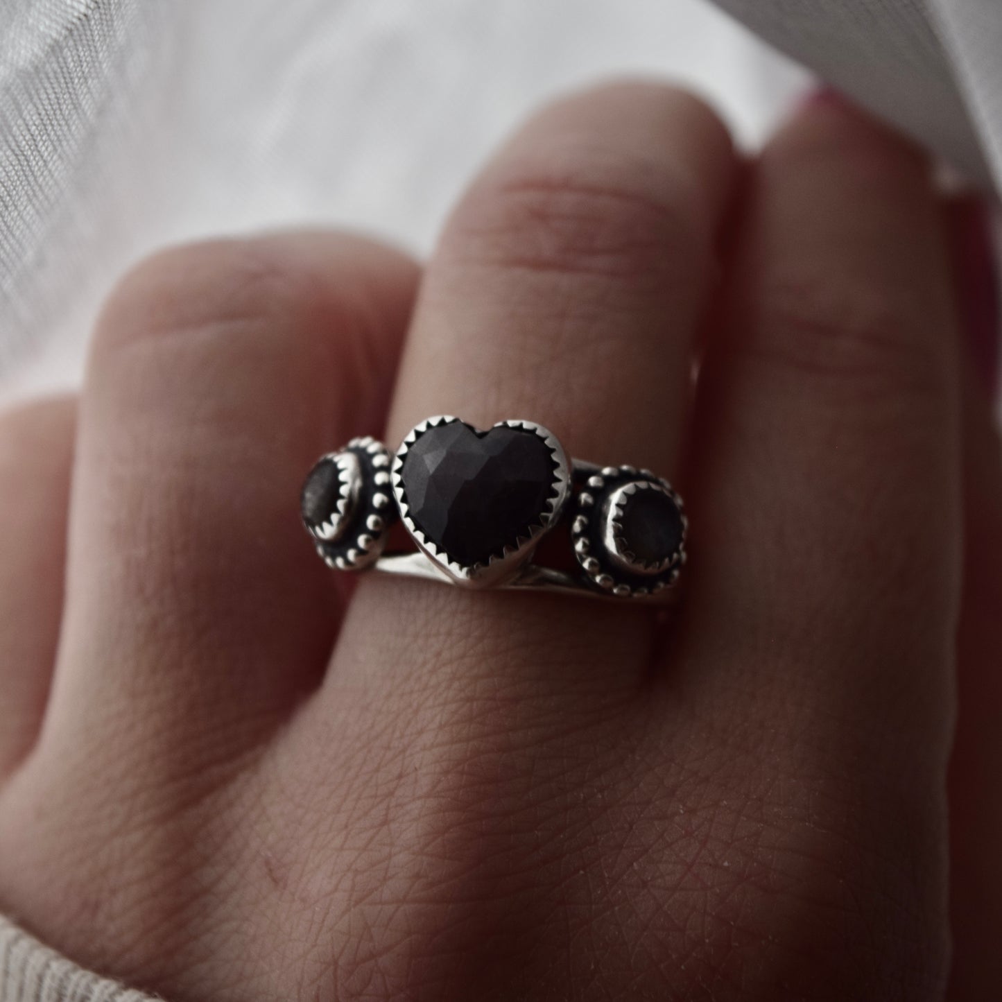 Heart Ring with Grey Sapphire and Black Moonstone Size 8