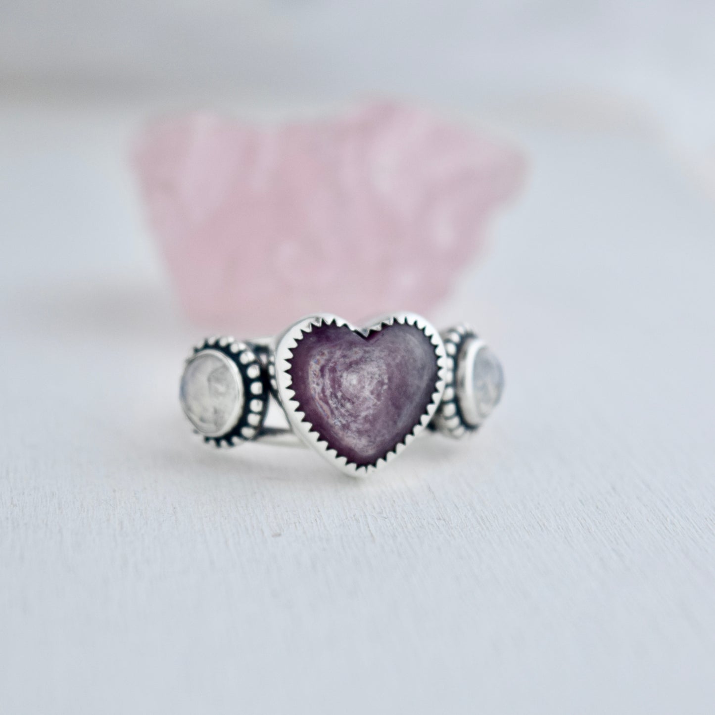 Heart Ring with Lepidolite and Rainbow Moonstone Size 7.5