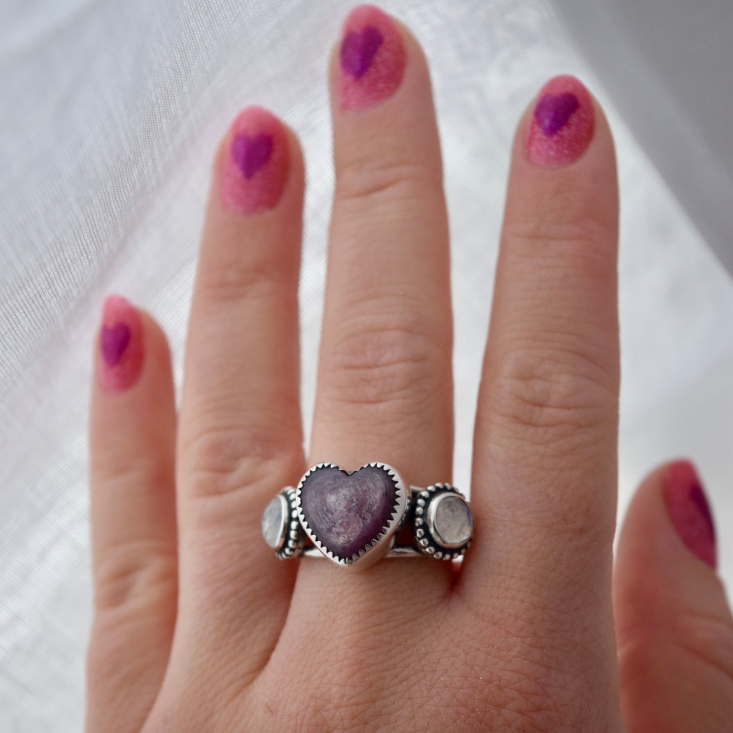 Heart Ring with Lepidolite and Rainbow Moonstone Size 7.5