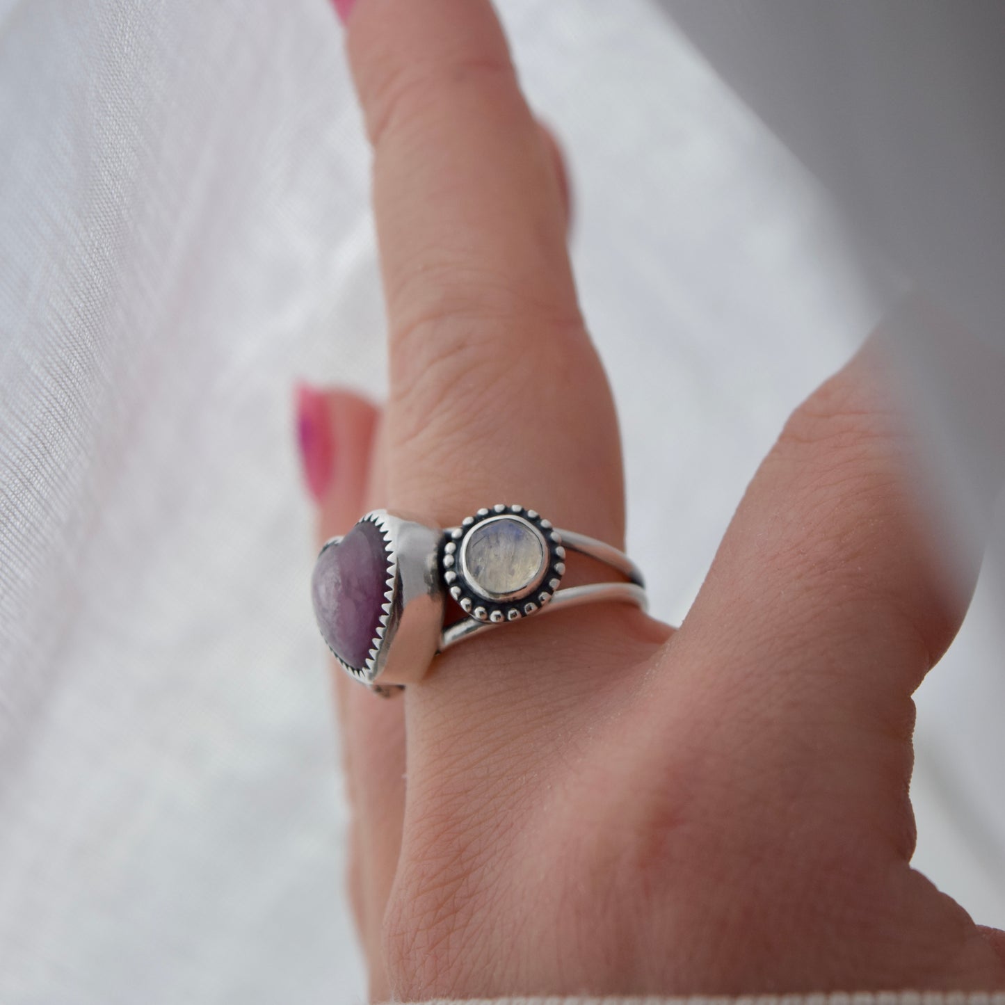 Heart Ring with Lepidolite and Rainbow Moonstone Size 7.5