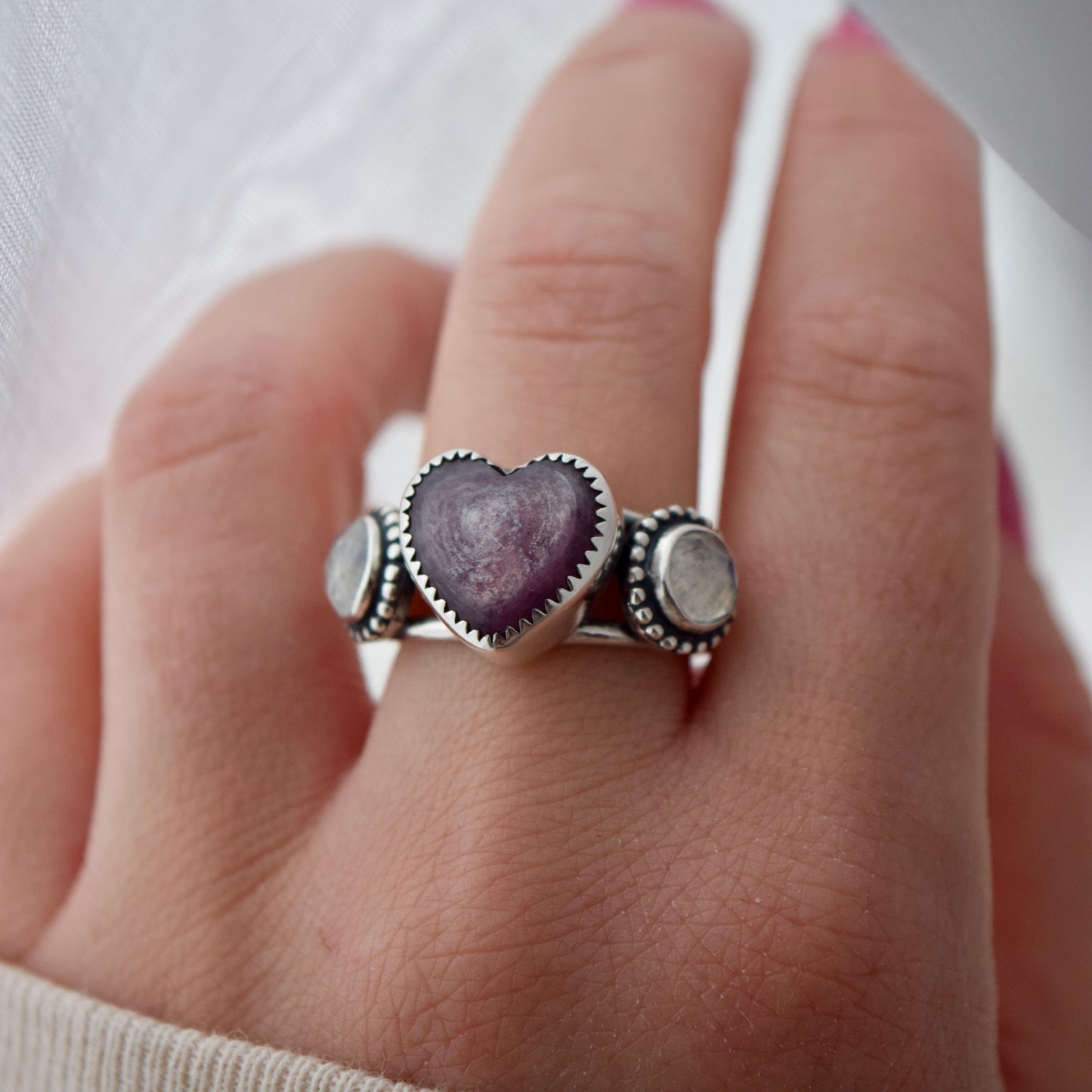 Heart Ring with Lepidolite and Rainbow Moonstone Size 7.5