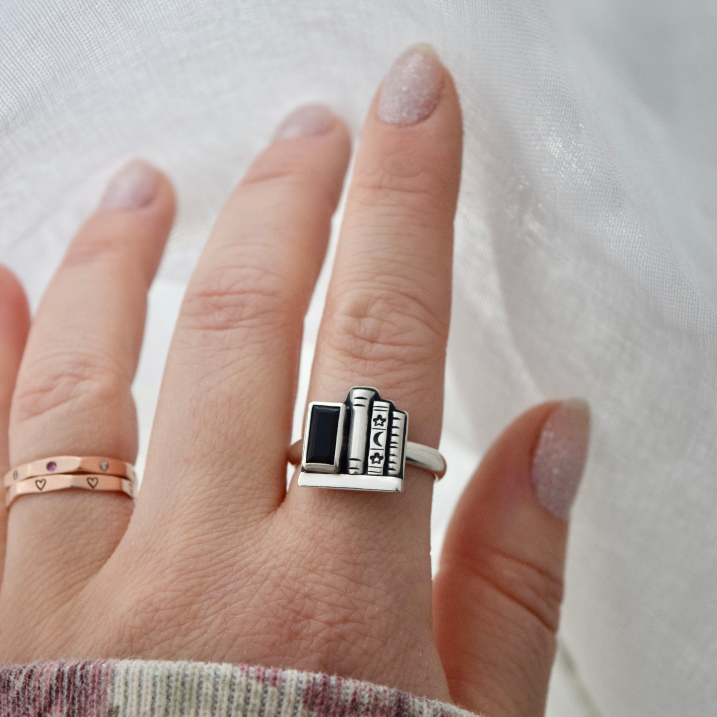 Bookshelf Ring with Faceted Black Onyx Size 7.75