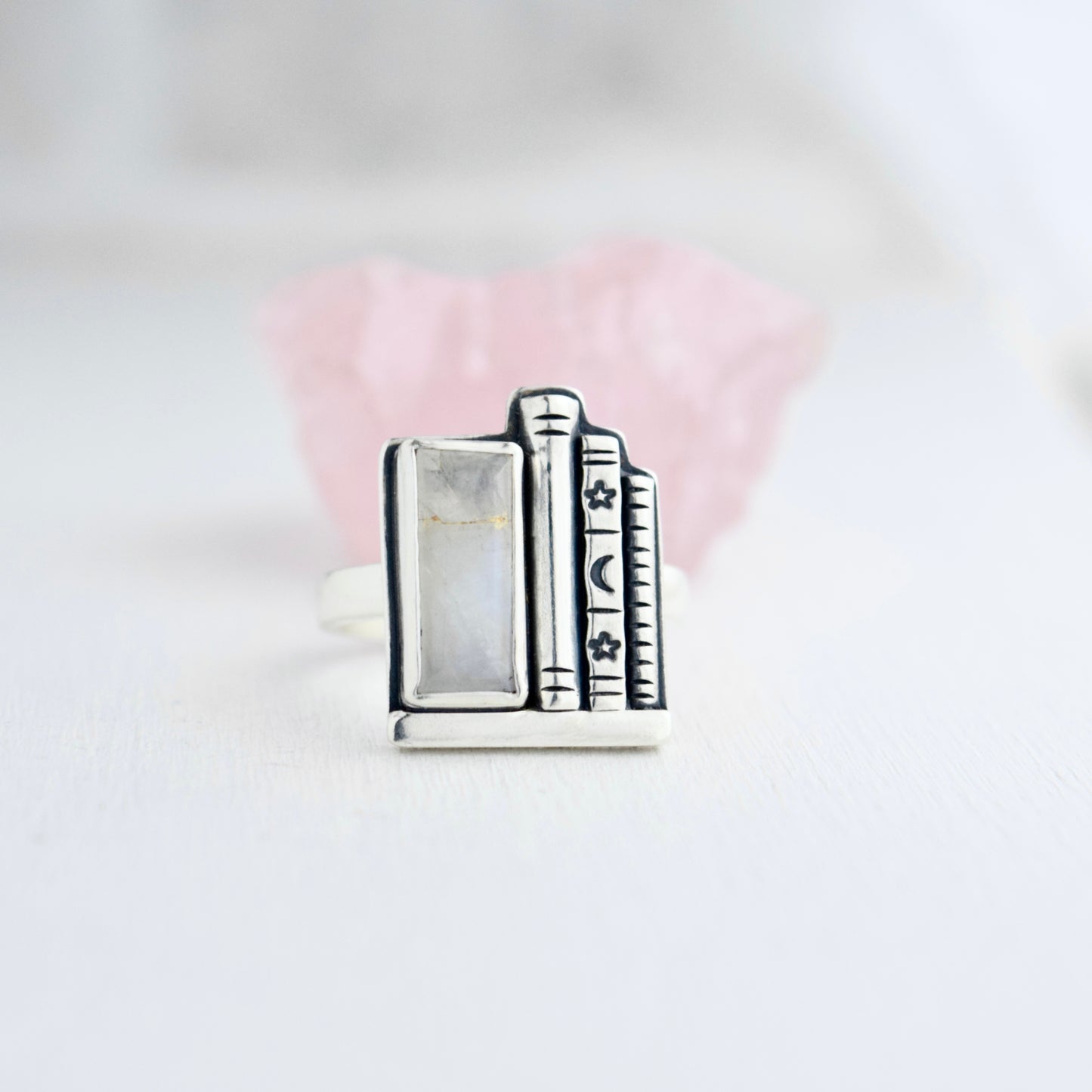 Bookshelf Ring with Kintsugi Repaired Rainbow Moonstone Size 8.5