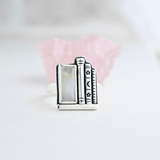 Bookshelf Ring with Kintsugi Repaired Rainbow Moonstone Size 8.5