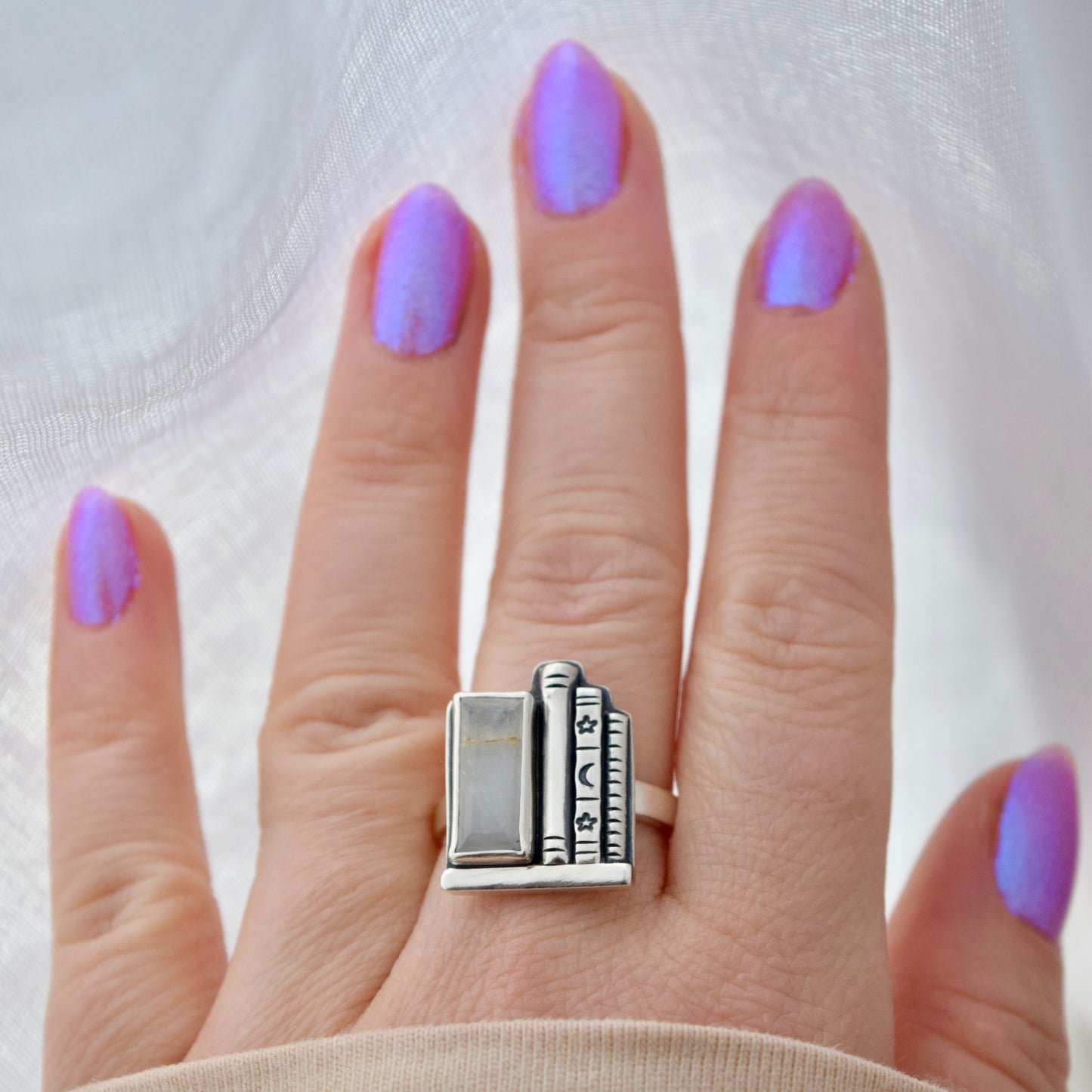 Bookshelf Ring with Kintsugi Repaired Rainbow Moonstone Size 8.5