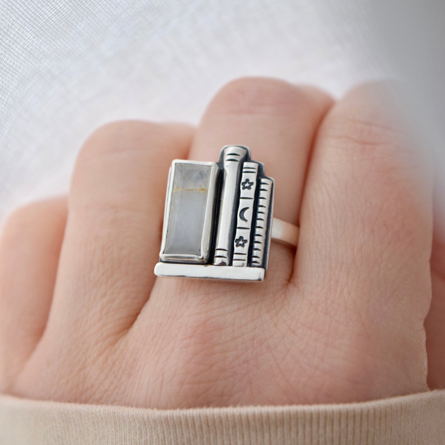 Bookshelf Ring with Kintsugi Repaired Rainbow Moonstone Size 8.5