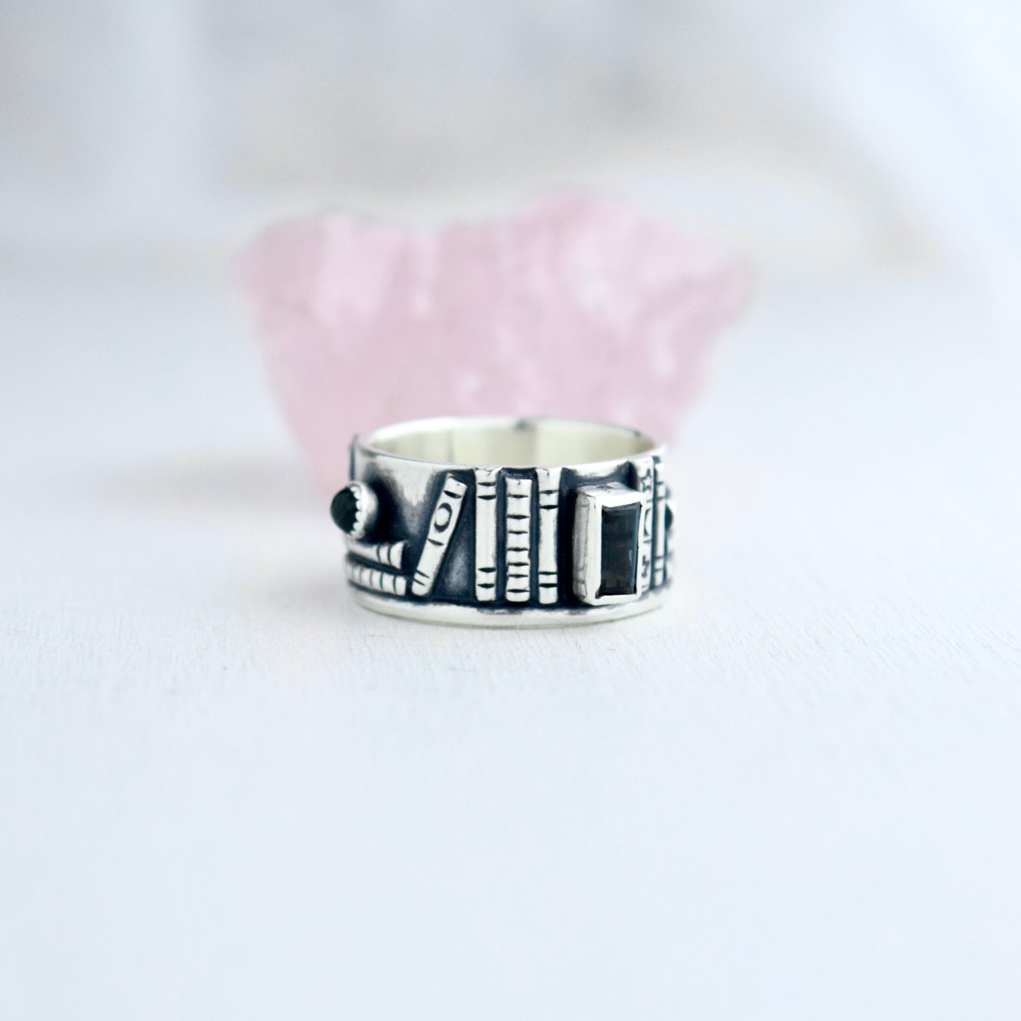 Bookshelf Ring Band with Blue Topaz and Blue Tourmaline Size 6.25