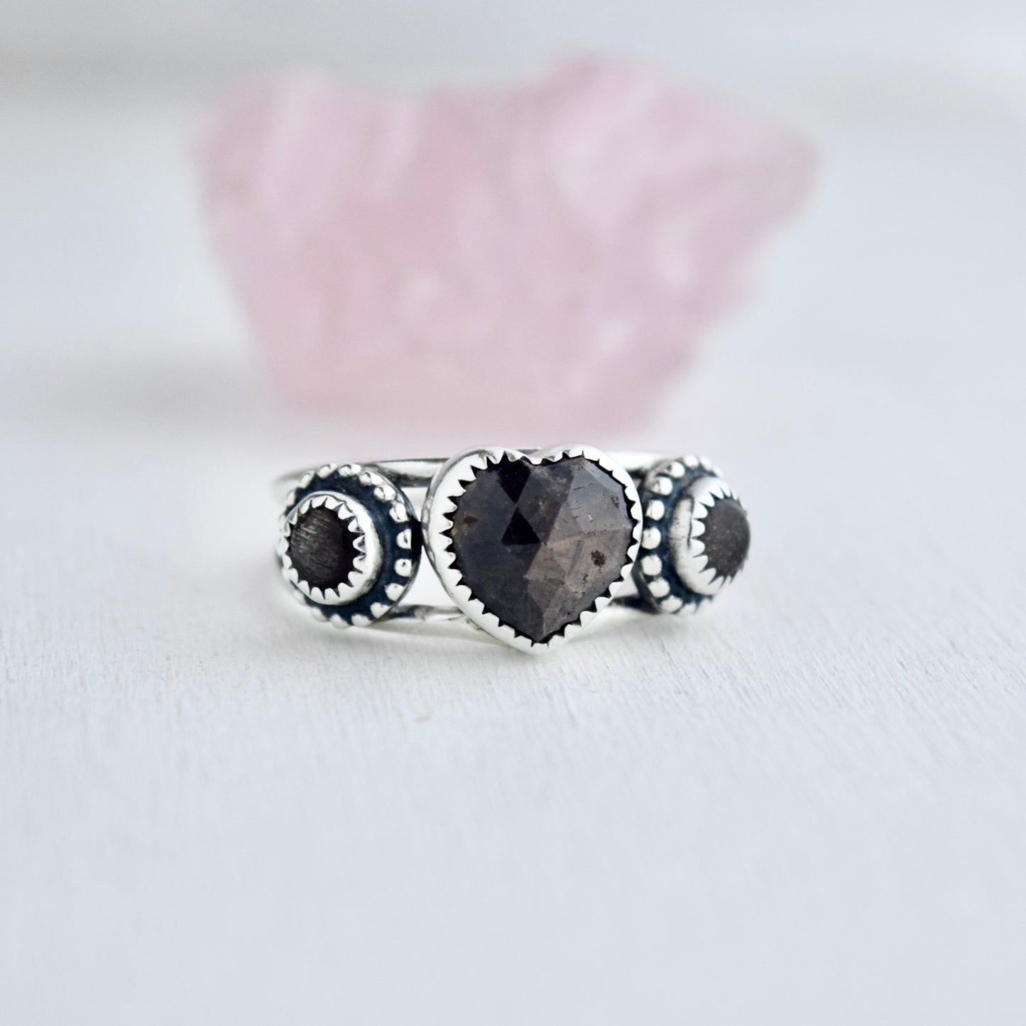 Heart Ring with Chocolate Sapphire and Black Moonstone size 9