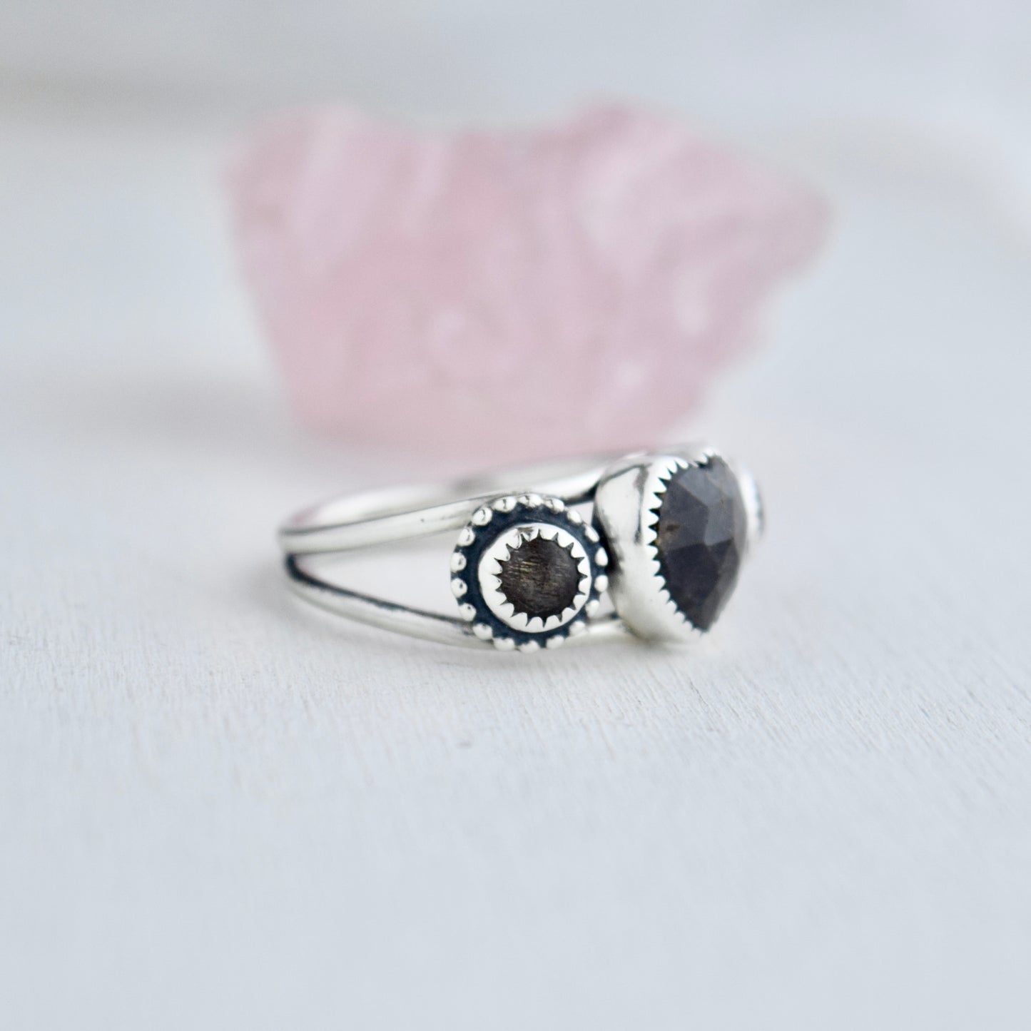 Heart Ring with Chocolate Sapphire and Black Moonstone size 9