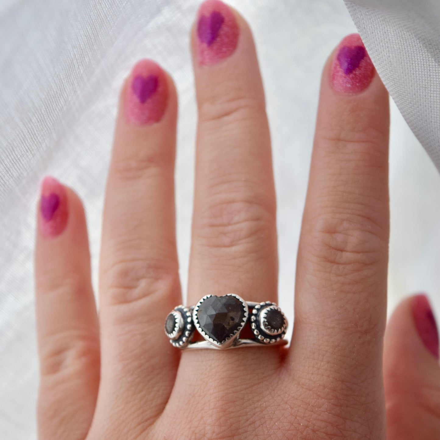 Heart Ring with Chocolate Sapphire and Black Moonstone size 9