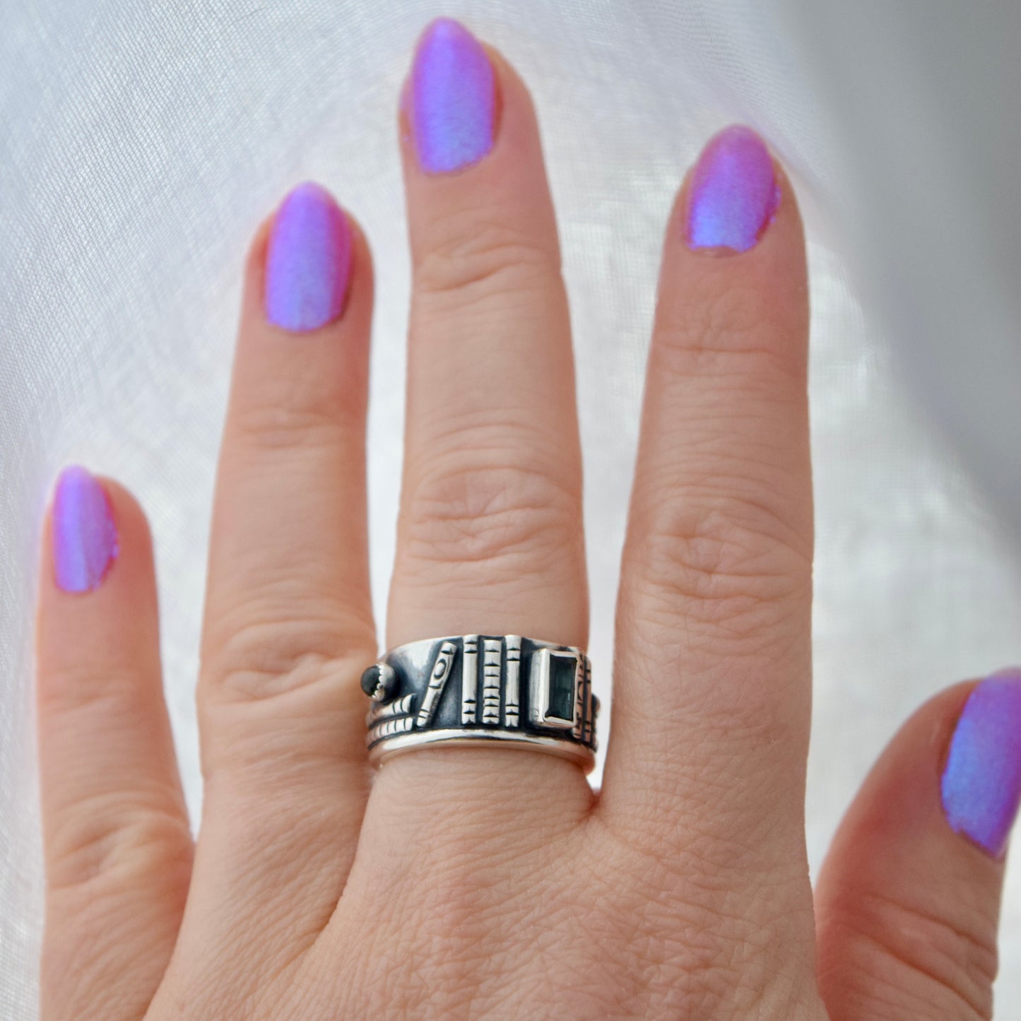 Bookshelf Ring Band with Blue Topaz and Blue Tourmaline Size 6.25