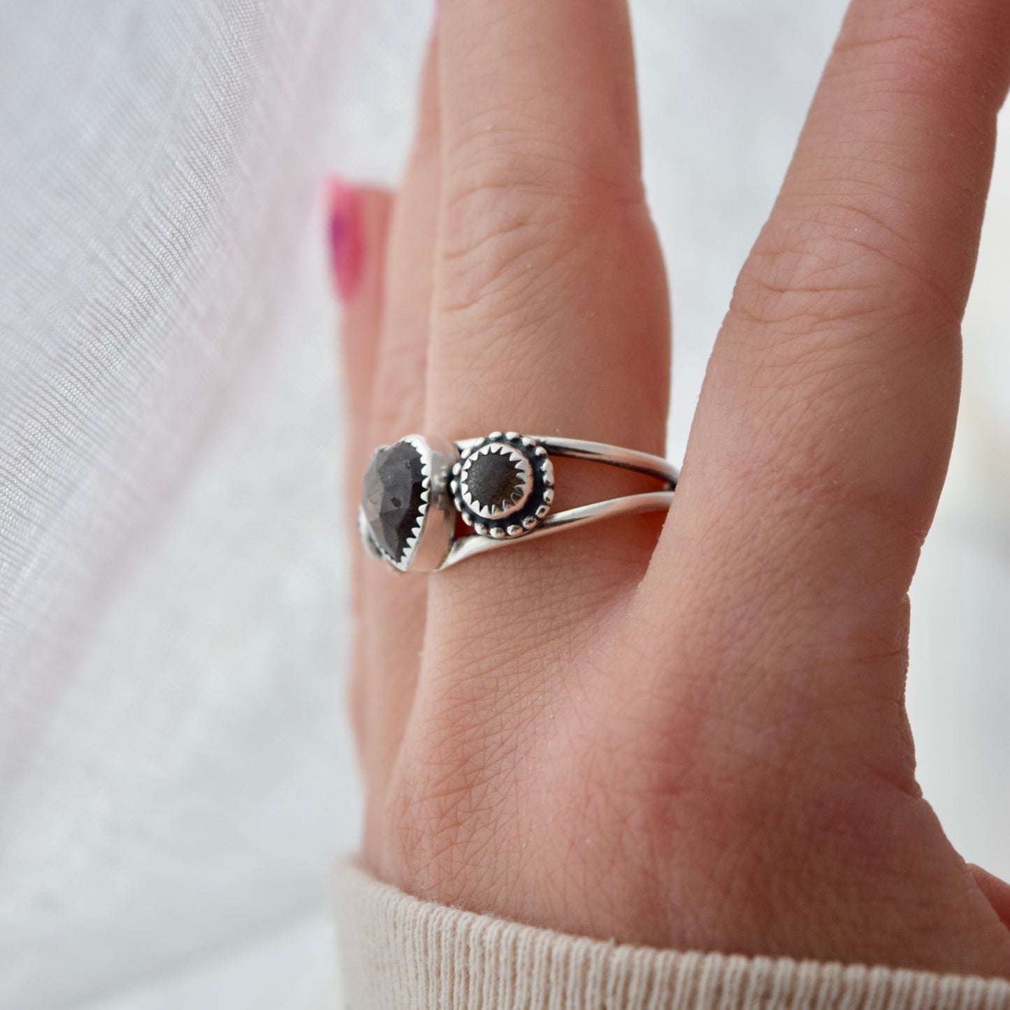 Heart Ring with Chocolate Sapphire and Black Moonstone size 9