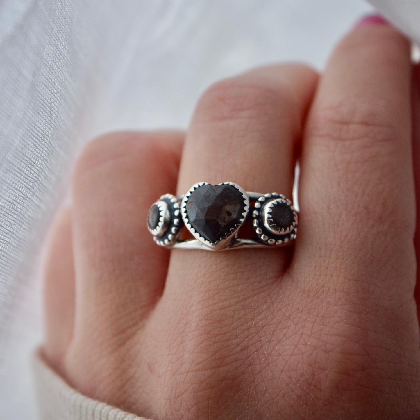 Heart Ring with Chocolate Sapphire and Black Moonstone size 9