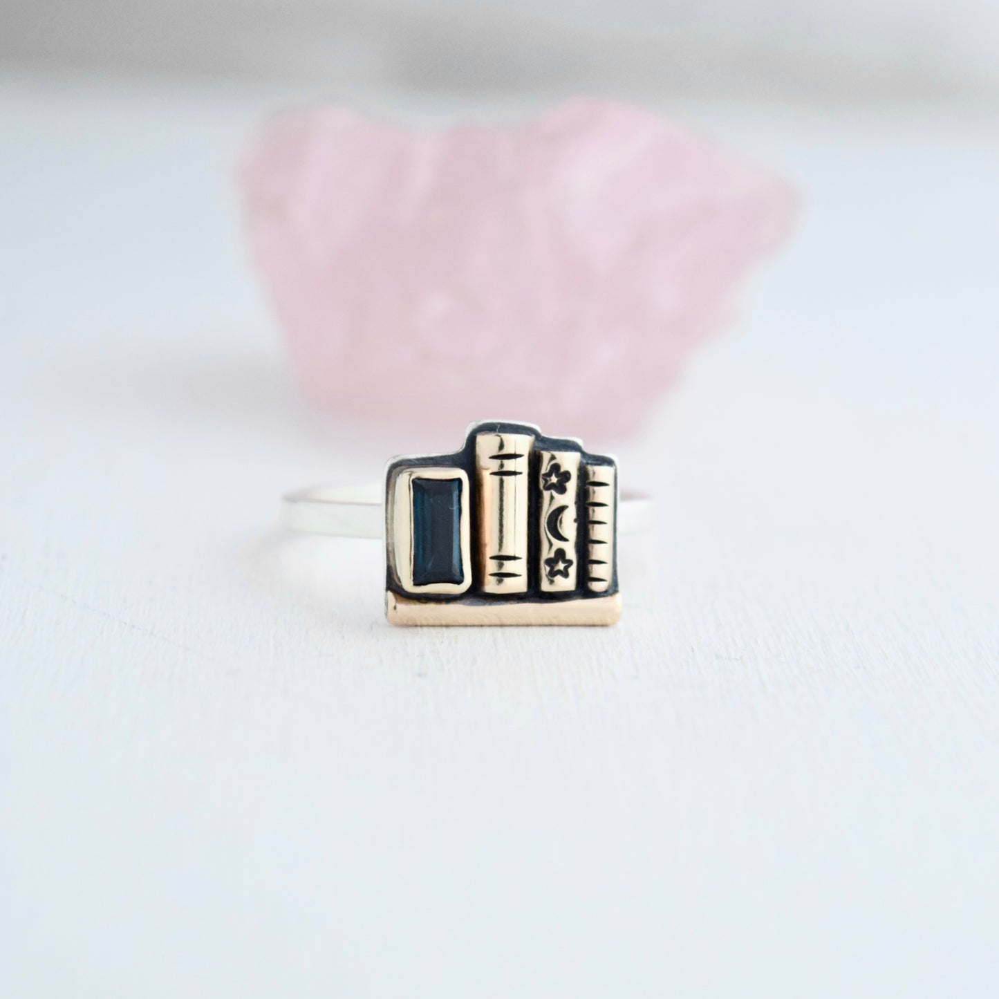 Mini Bookshelf Ring with Blue Topaz, 14k Solid Yellow Gold, and Gold Fill size 9
