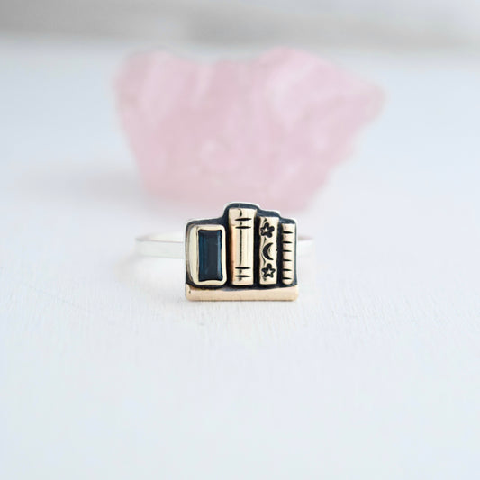 Mini Bookshelf Ring with Blue Topaz, 14k Solid Yellow Gold, and Gold Fill size 9