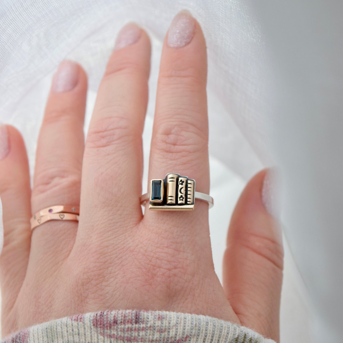 Mini Bookshelf Ring with Blue Topaz, 14k Solid Yellow Gold, and Gold Fill size 9