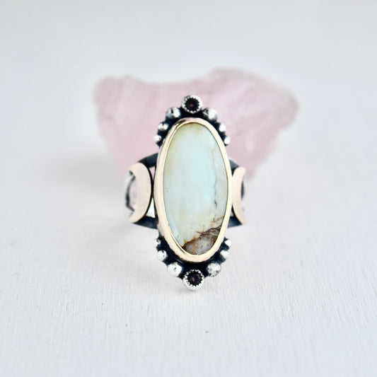 Rare 7D Variscite, Smokey Quartz, and Gold Fill Ring Size 7