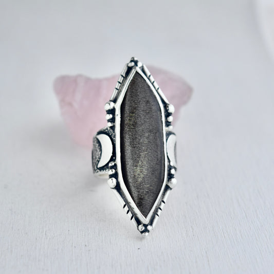 Lunar Phase Statement Ring with Grey Sunstone size 8