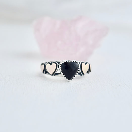 Heart Ring with Black Onyx and Gold Fill Size 5.75/6