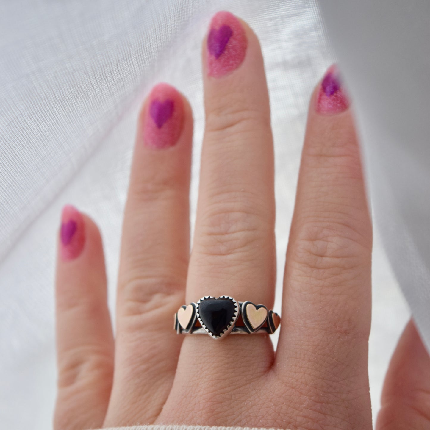 Heart Ring with Black Onyx and Gold Fill Size 5.75/6