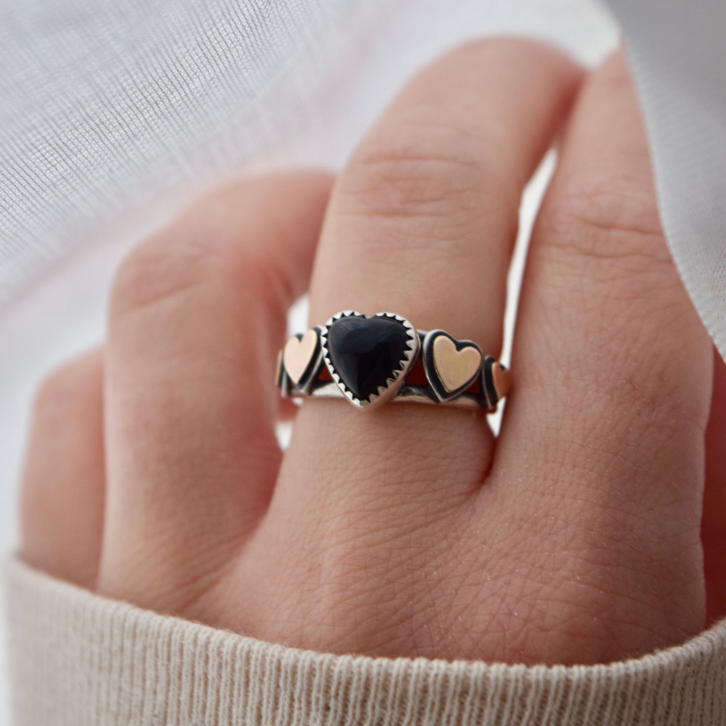 Heart Ring with Black Onyx and Gold Fill Size 5.75/6