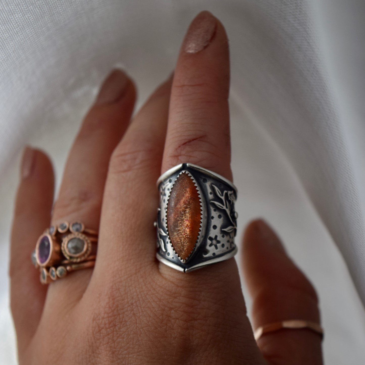 Belladonna Armor Shield Ring with Sunstone size 6