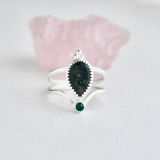 Starry Eyed Ring with Moss Agate and Lab Grown Emerald Size 6