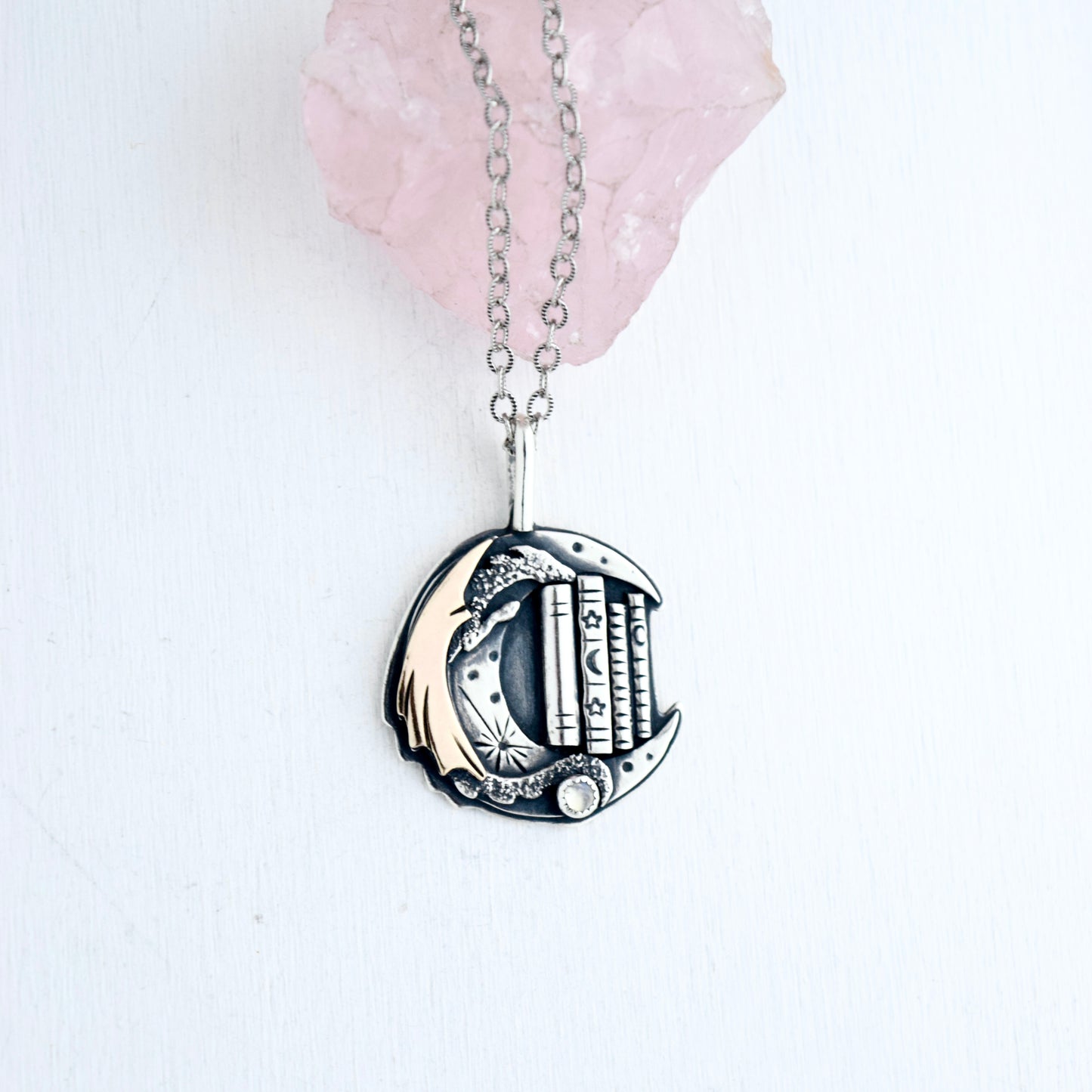 Lunar Bookshelf Necklace with Gold Fill and Rainbow Moonstone