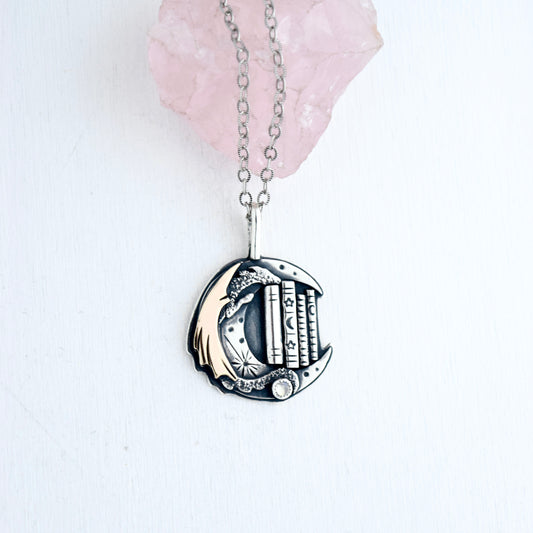 Lunar Bookshelf Necklace with Gold Fill and Rainbow Moonstone