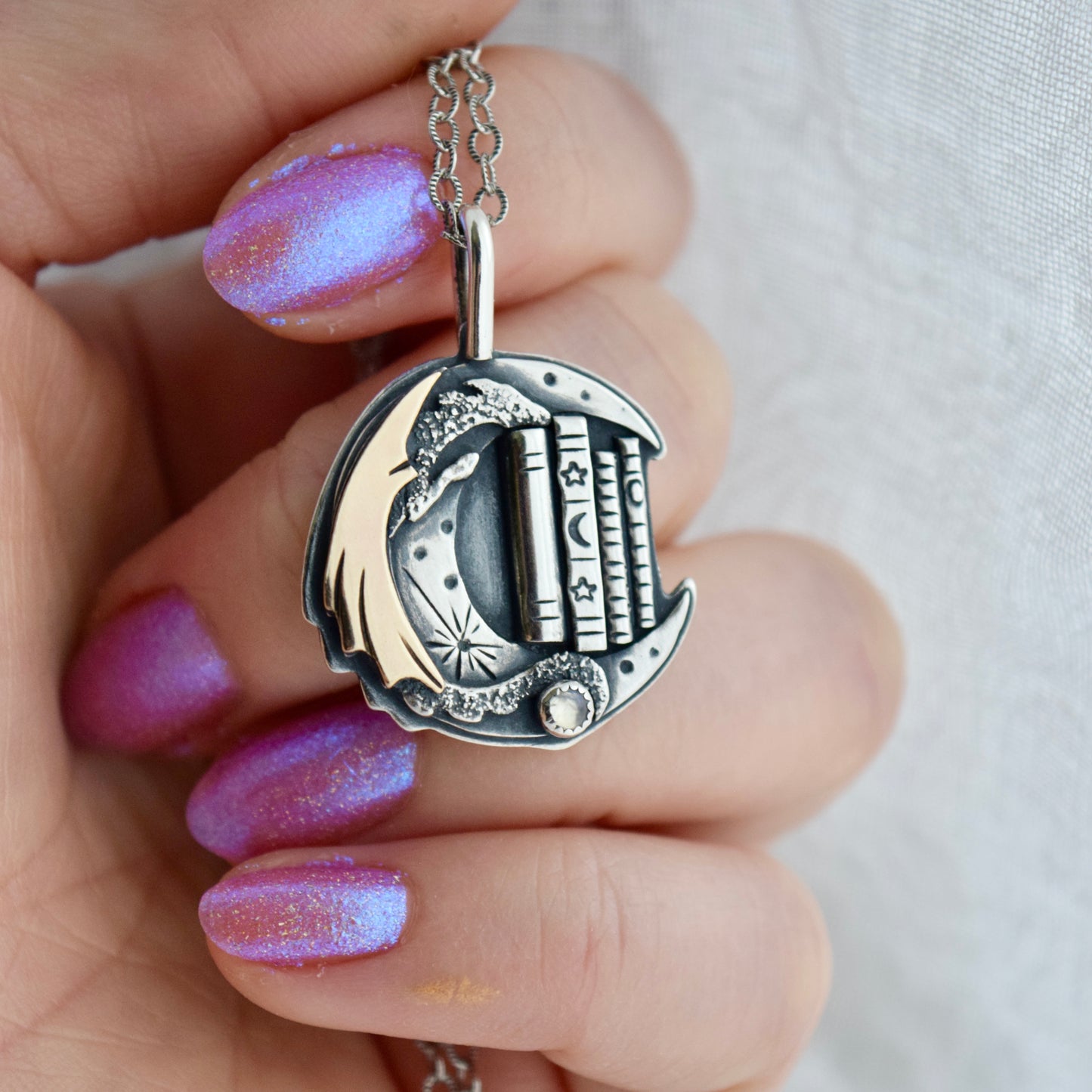 Lunar Bookshelf Necklace with Gold Fill and Rainbow Moonstone