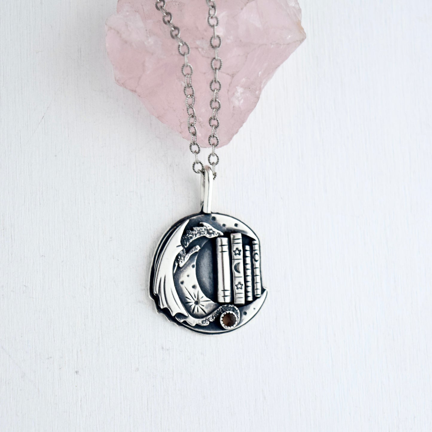 Lunar Bookshelf Necklace with Smokey Quartz
