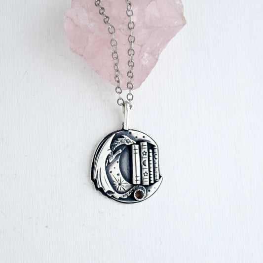 Lunar Bookshelf Necklace with Smokey Quartz