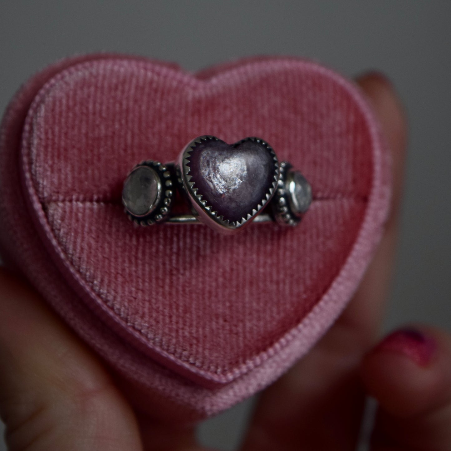 Heart Ring with Lepidolite and Rainbow Moonstone Size 7.5