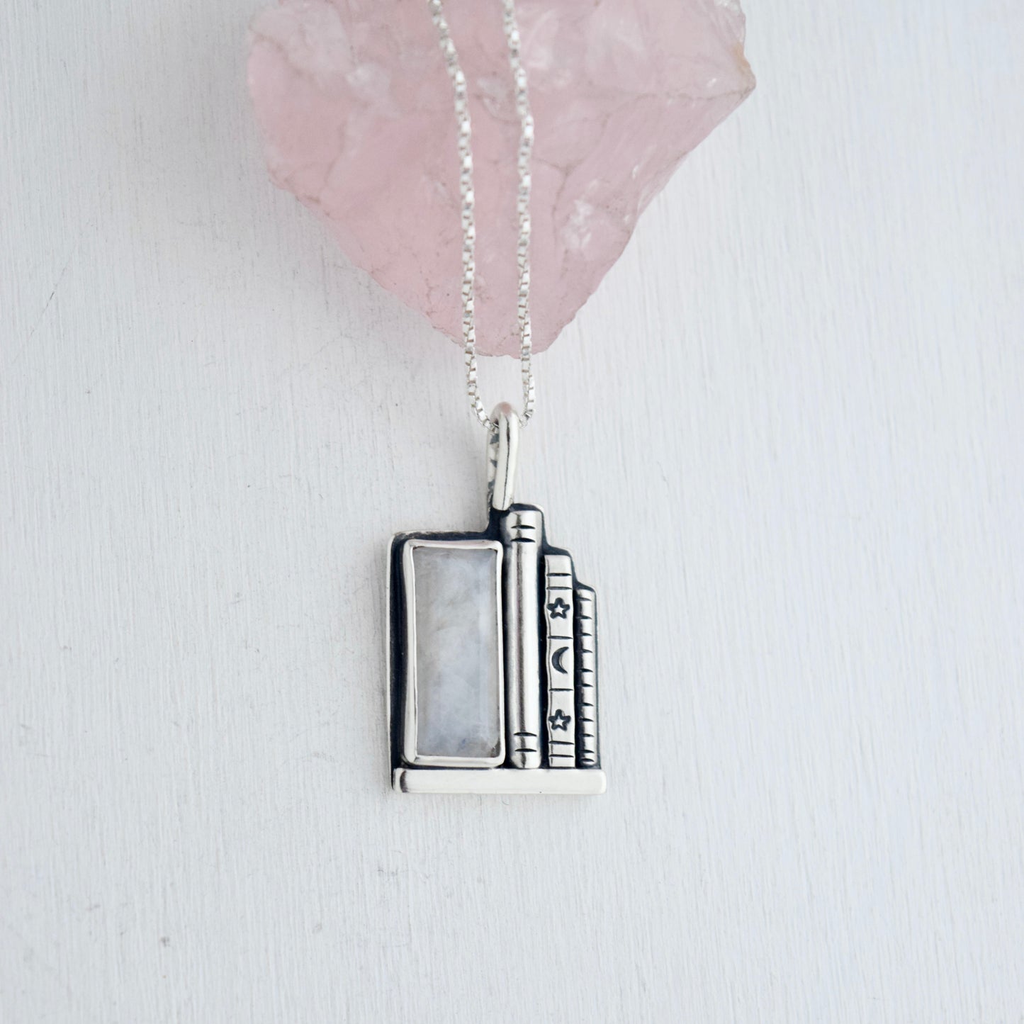 Bookshelf Necklace with Rainbow Moonstone