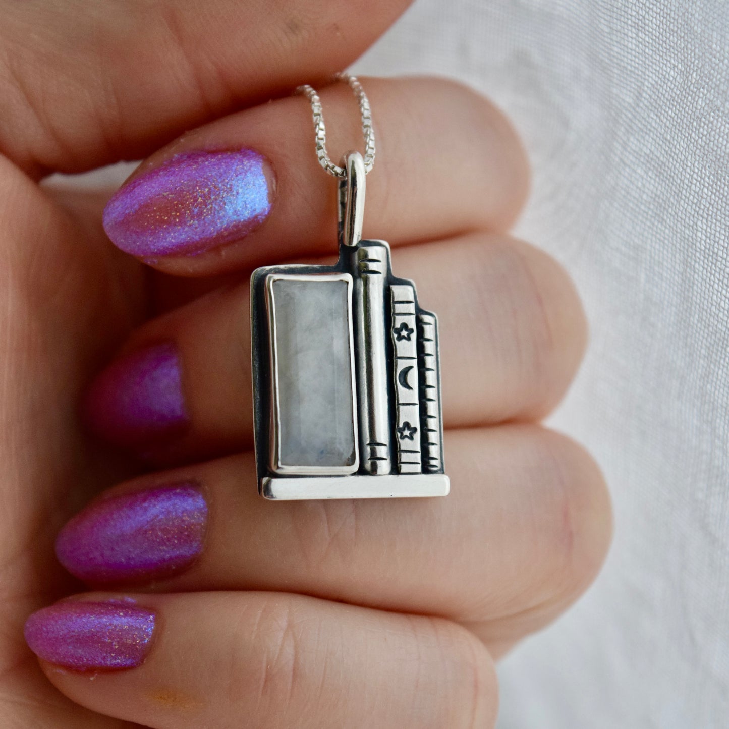 Bookshelf Necklace with Rainbow Moonstone