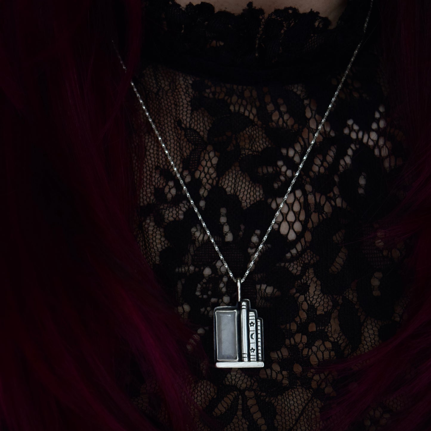 Bookshelf Necklace with Rainbow Moonstone