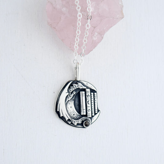 Lunar Bookshelf Necklace with Black Star Sapphire