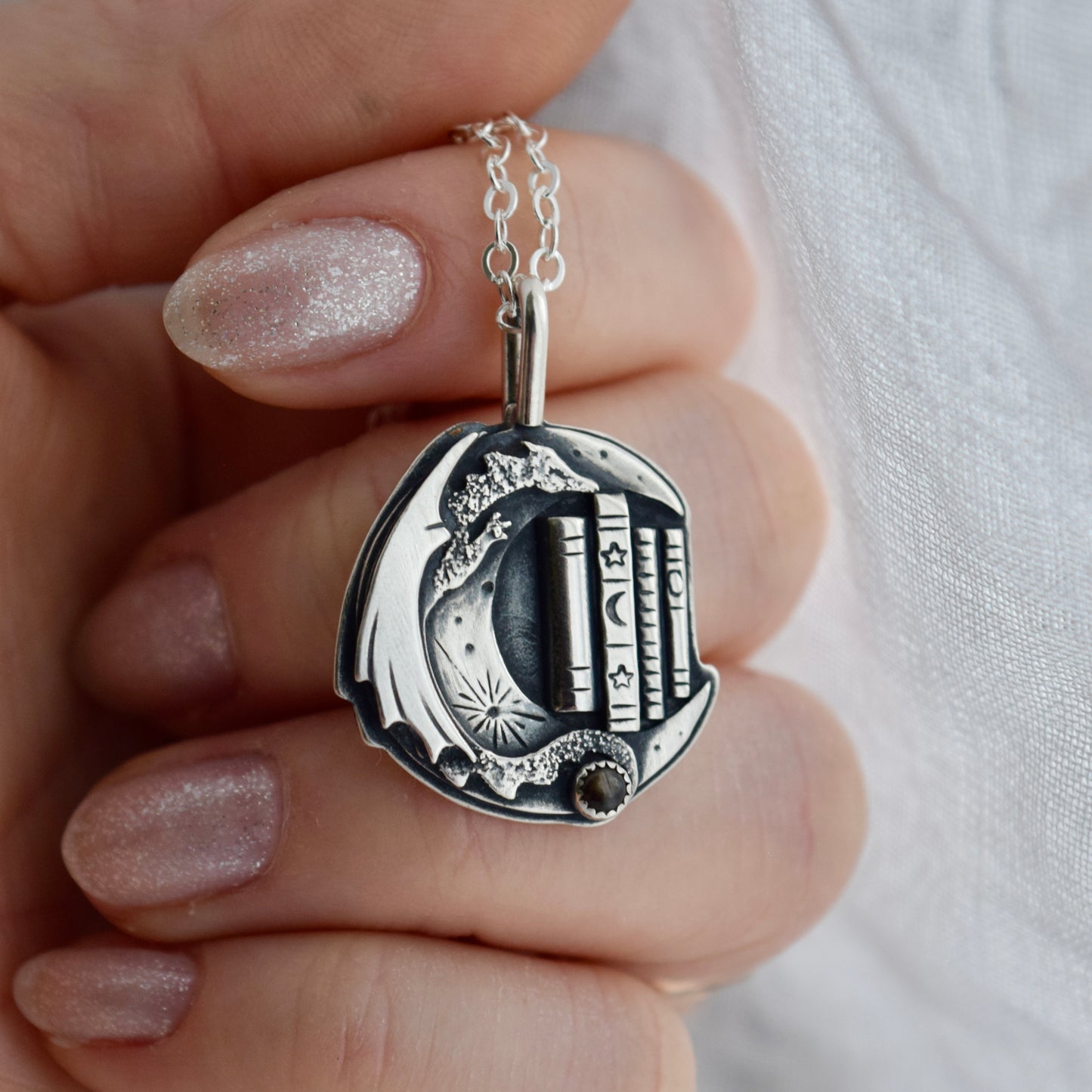 Lunar Bookshelf Necklace with Black Star Sapphire